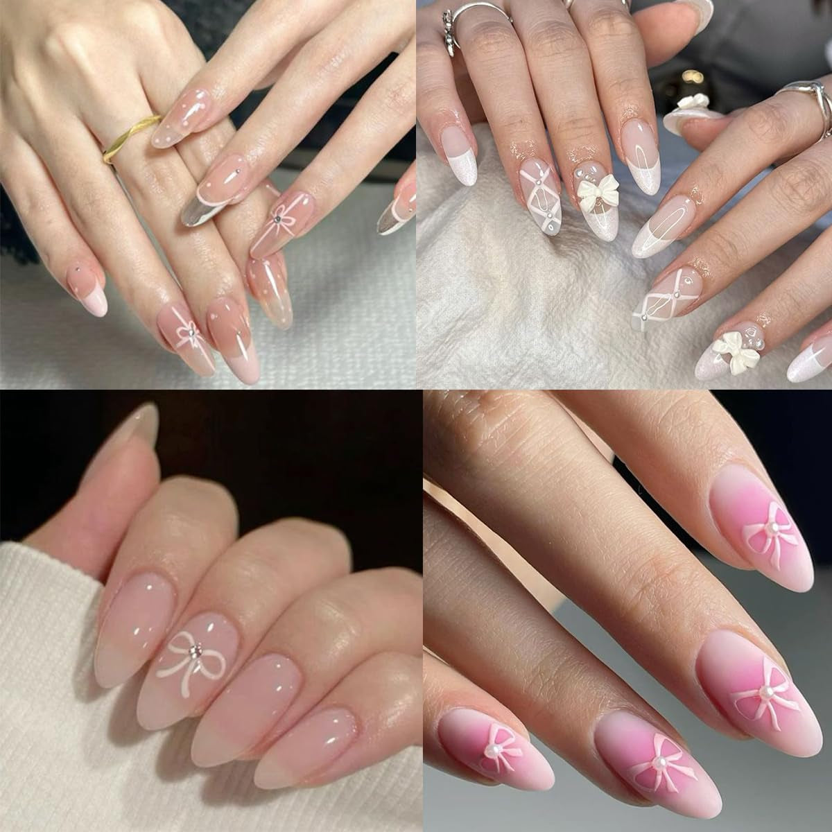 Heart Bows Nail Art Stickers 3D Self-Adhesive Decals 4 Sheets White Red Pink Bow Tie French Nail Art Supplies for Women Girls DIY Acrylic Manicure Decoration