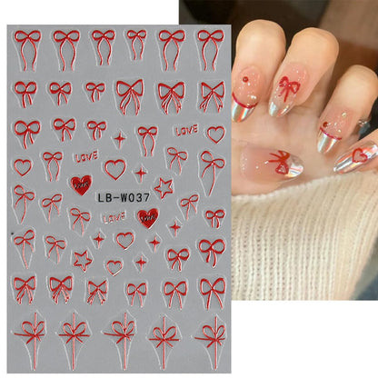 Heart Bows Nail Art Stickers 3D Self-Adhesive Decals 4 Sheets White Red Pink Bow Tie French Nail Art Supplies for Women Girls DIY Acrylic Manicure Decoration