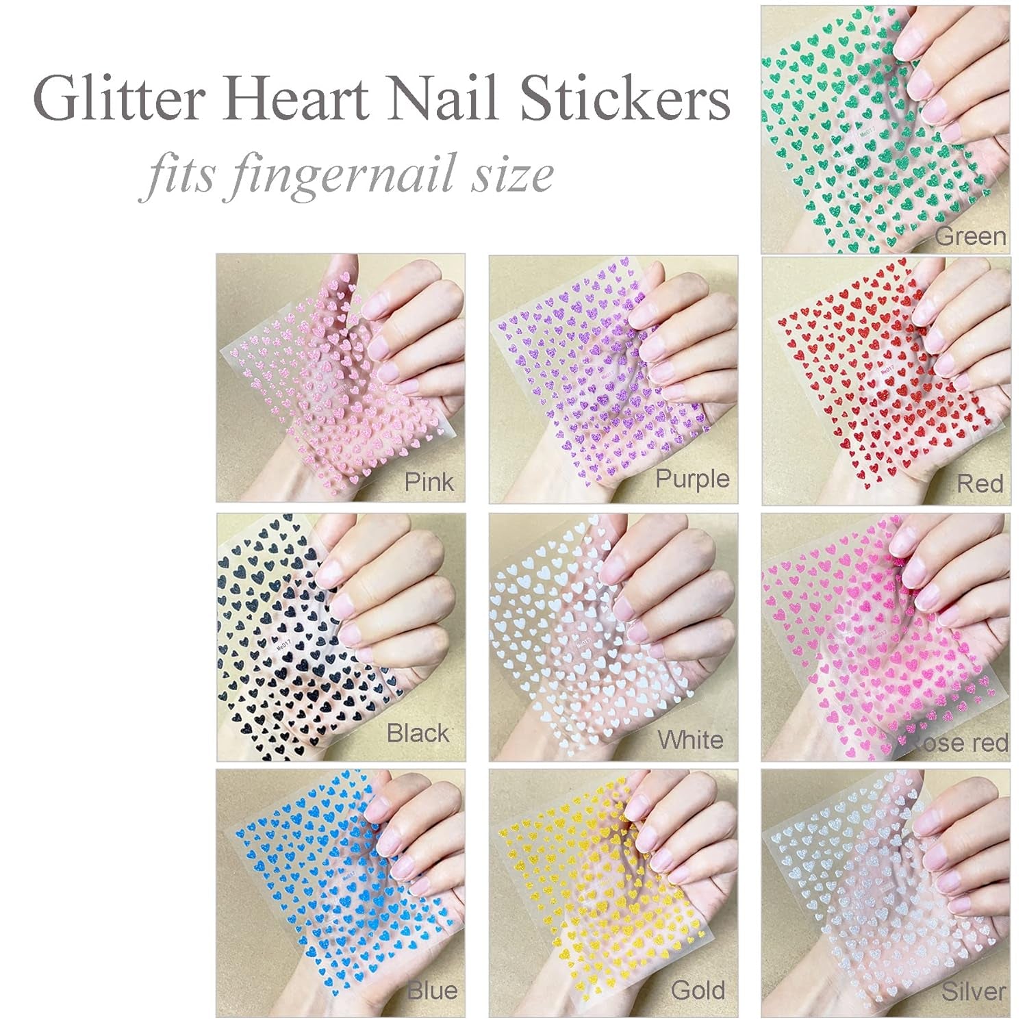 10 Sheets Glitter Heart Nail Stickers for Women Girls Kids Nail Decoration 3D Self Adhesive Shinning Nail Decals for Fingernails and Acrylic Nails Design (Glitter Heart)
