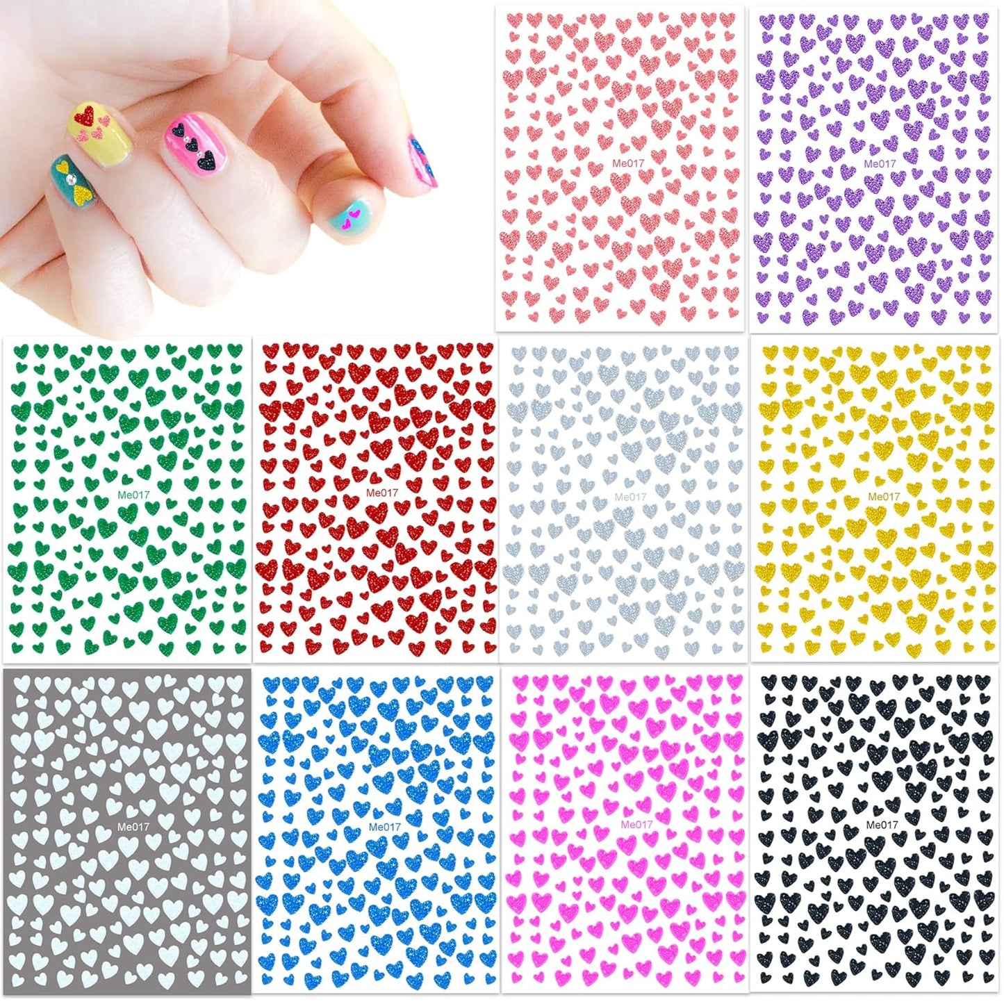 10 Sheets Glitter Heart Nail Stickers for Women Girls Kids Nail Decoration 3D Self Adhesive Shinning Nail Decals for Fingernails and Acrylic Nails Design (Glitter Heart)