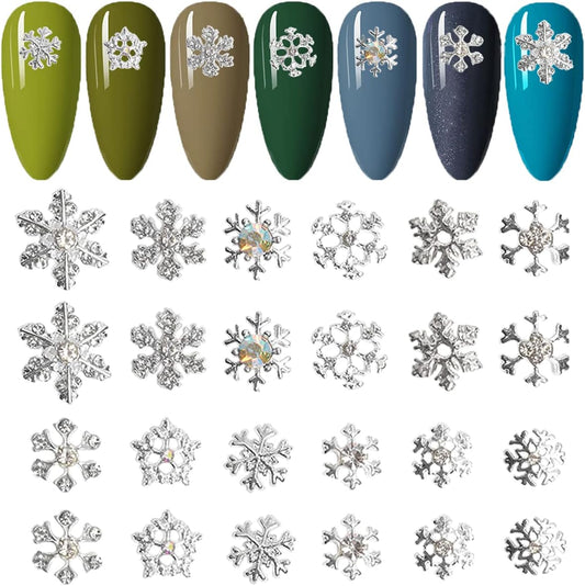 24 Pcs Snowflake Nail Art Charms Glitter 3D Crystals Diamonds Rhinestones, Silver Snowflakes Charms Gems Design for Women Nail Art Decoration Craft Jewelry DIY (Silver)