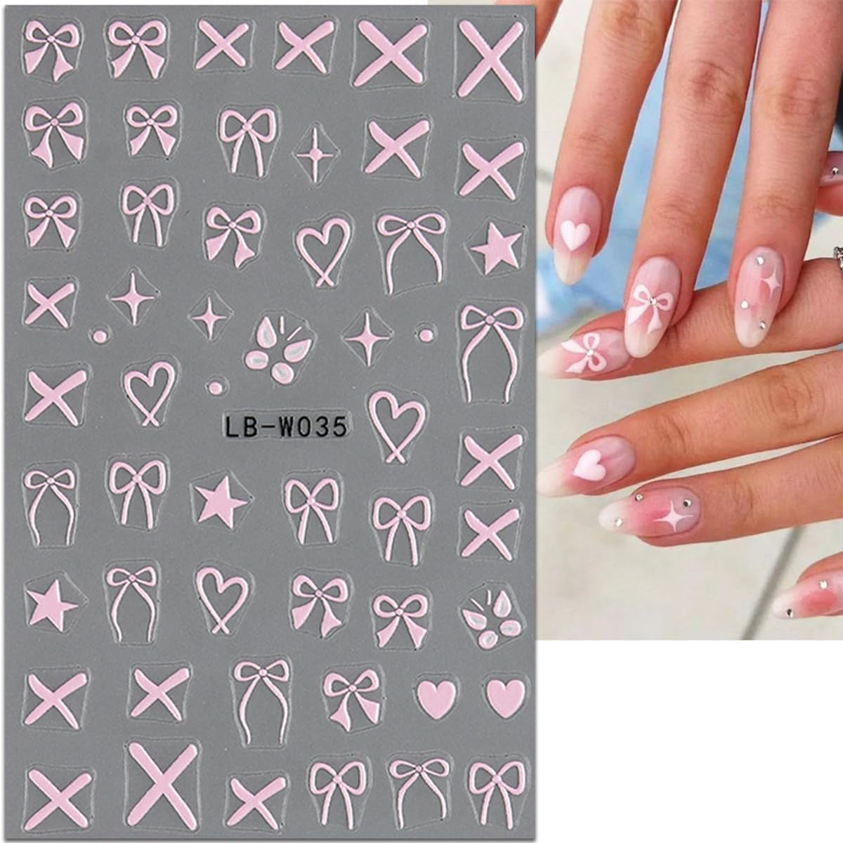 Heart Bows Nail Art Stickers 3D Self-Adhesive Decals 4 Sheets White Red Pink Bow Tie French Nail Art Supplies for Women Girls DIY Acrylic Manicure Decoration