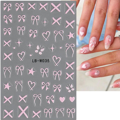 Heart Bows Nail Art Stickers 3D Self-Adhesive Decals 4 Sheets White Red Pink Bow Tie French Nail Art Supplies for Women Girls DIY Acrylic Manicure Decoration