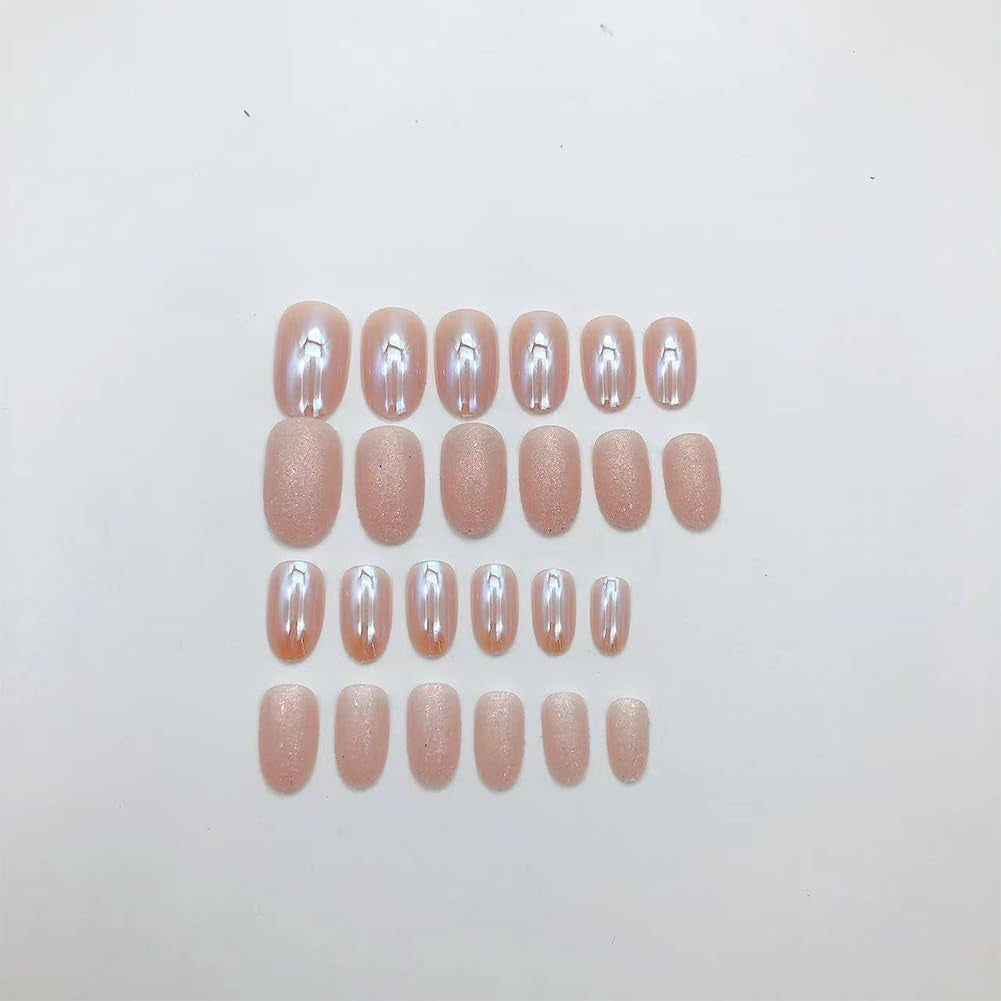Almond Press on Nails Short round Fake Nails Chrome Glossy False Nails with Glitte Powder Press Ons Designs Acrylic Nails Press on Artificial Nails Stick on Nails for Women Girls 24Pcs