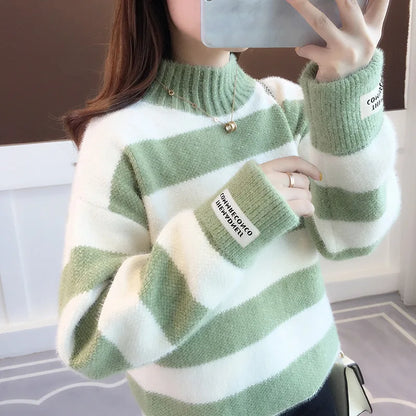 Sweater Women 2024 Fashion Turtleneck Pullover Stripe Thick Coarse Yarn Wool Warm Sweater Women Clothes Vestidos LXJ9005