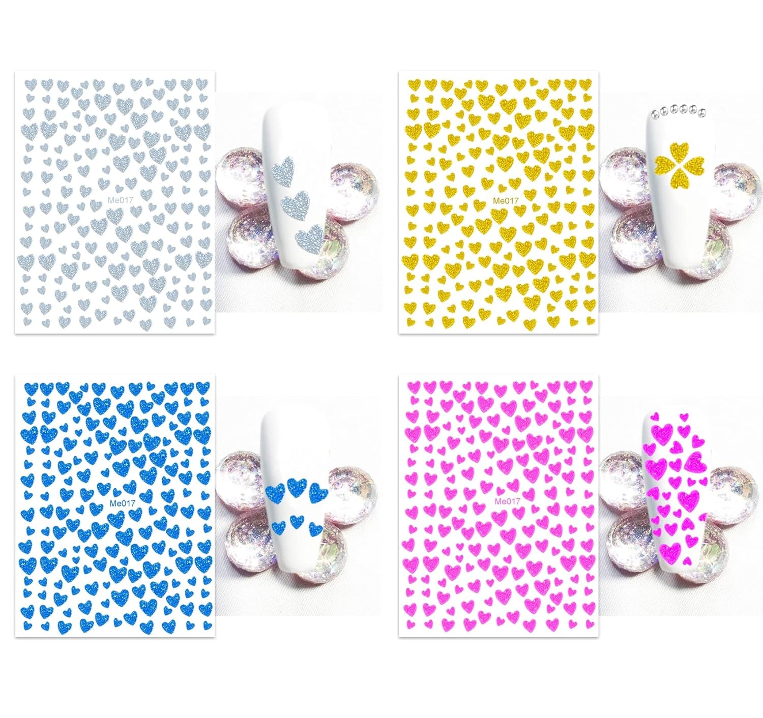 10 Sheets Glitter Heart Nail Stickers for Women Girls Kids Nail Decoration 3D Self Adhesive Shinning Nail Decals for Fingernails and Acrylic Nails Design (Glitter Heart)