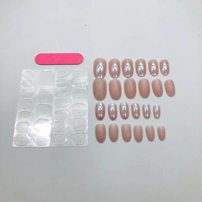 Almond Press on Nails Short round Fake Nails Chrome Glossy False Nails with Glitte Powder Press Ons Designs Acrylic Nails Press on Artificial Nails Stick on Nails for Women Girls 24Pcs