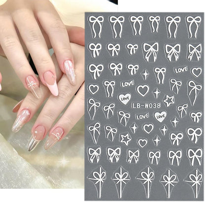 Heart Bows Nail Art Stickers 3D Self-Adhesive Decals 4 Sheets White Red Pink Bow Tie French Nail Art Supplies for Women Girls DIY Acrylic Manicure Decoration