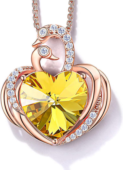 Swan Necklace for Women, Silver/Gold Plated Heart Crystal Birthstone Pendant Necklace, Gift Ideal for Wife Girlfriend Mom