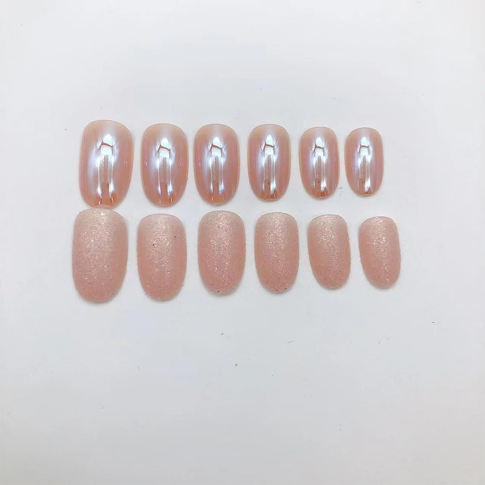 Almond Press on Nails Short round Fake Nails Chrome Glossy False Nails with Glitte Powder Press Ons Designs Acrylic Nails Press on Artificial Nails Stick on Nails for Women Girls 24Pcs