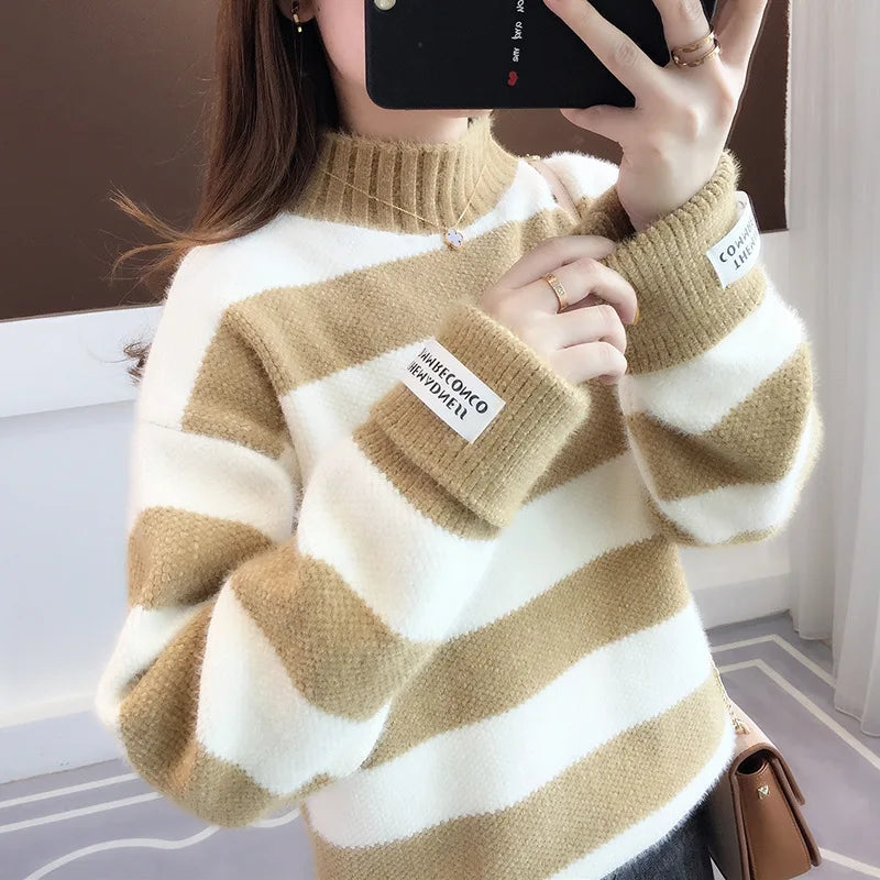 Sweater Women 2024 Fashion Turtleneck Pullover Stripe Thick Coarse Yarn Wool Warm Sweater Women Clothes Vestidos LXJ9005