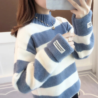 Sweater Women 2024 Fashion Turtleneck Pullover Stripe Thick Coarse Yarn Wool Warm Sweater Women Clothes Vestidos LXJ9005