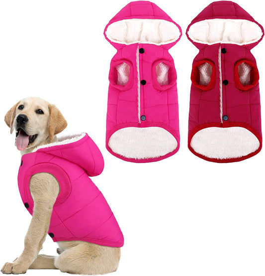 Pedgot 2 Pieces Fleece Lined Warm Dog Jacket Warm Dog Hoodie Puppy Coats with Hooded Cold Weather Pet Apparel Clothes for Puppy Winter Cold Weather, Large (Pink, Red)