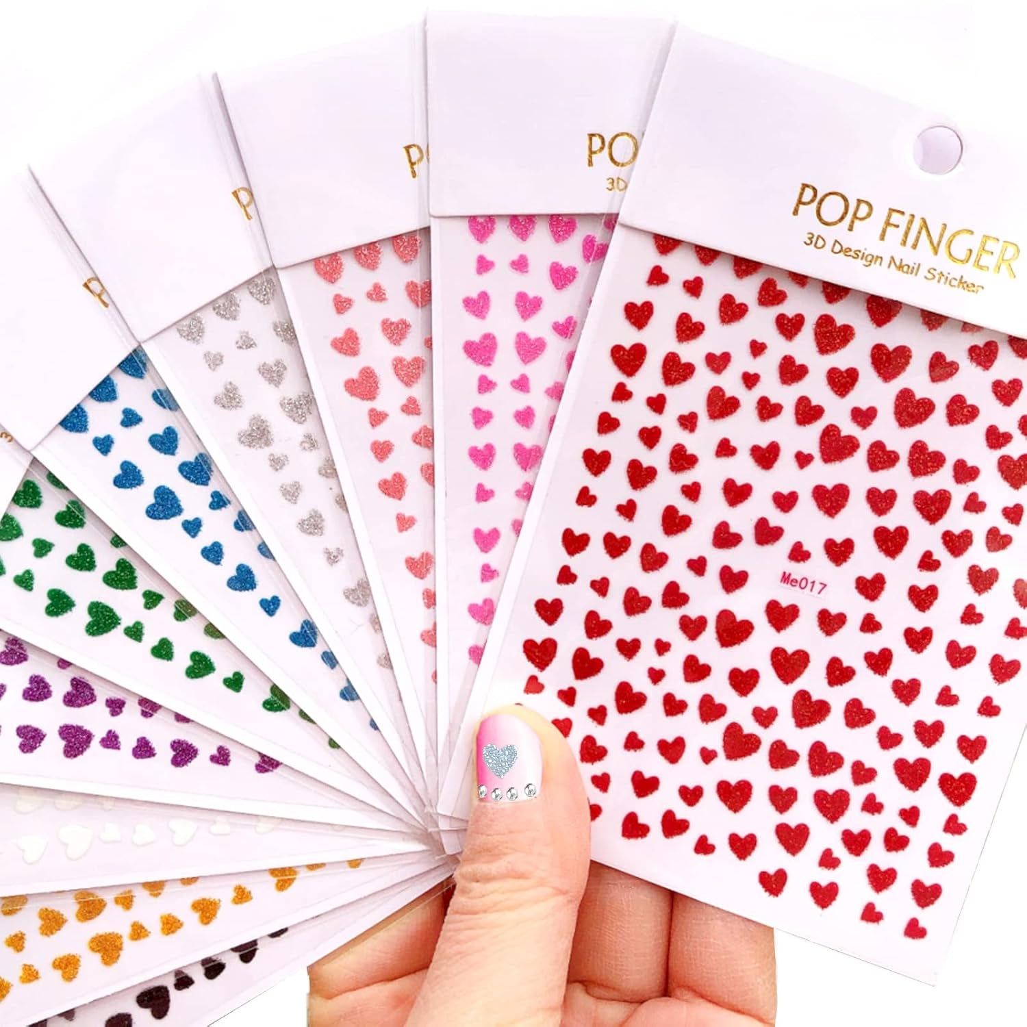 10 Sheets Glitter Heart Nail Stickers for Women Girls Kids Nail Decoration 3D Self Adhesive Shinning Nail Decals for Fingernails and Acrylic Nails Design (Glitter Heart)
