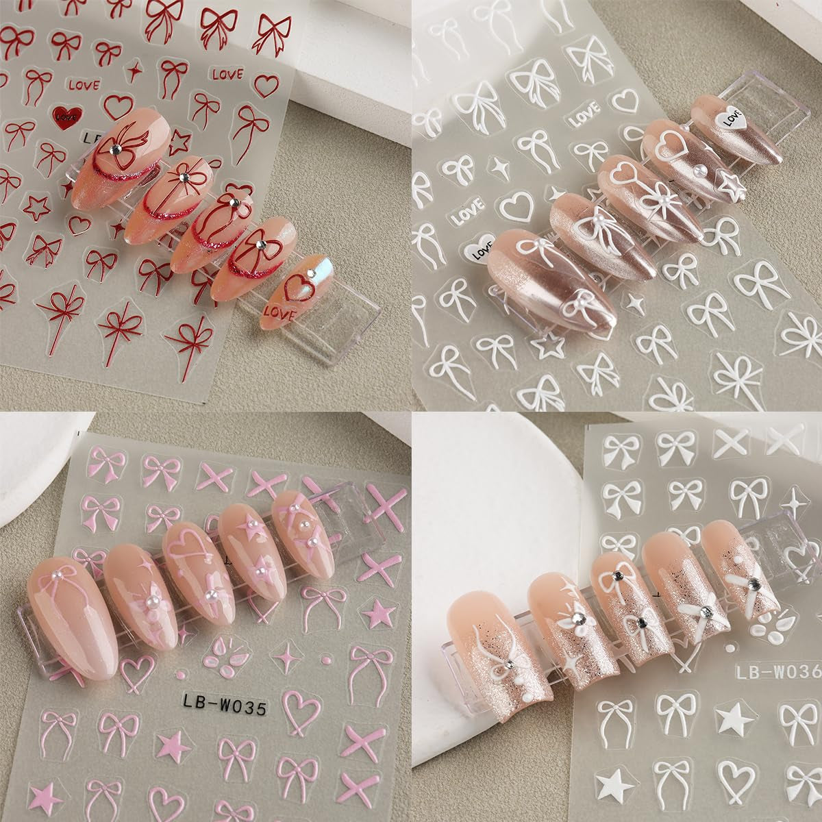 Heart Bows Nail Art Stickers 3D Self-Adhesive Decals 4 Sheets White Red Pink Bow Tie French Nail Art Supplies for Women Girls DIY Acrylic Manicure Decoration
