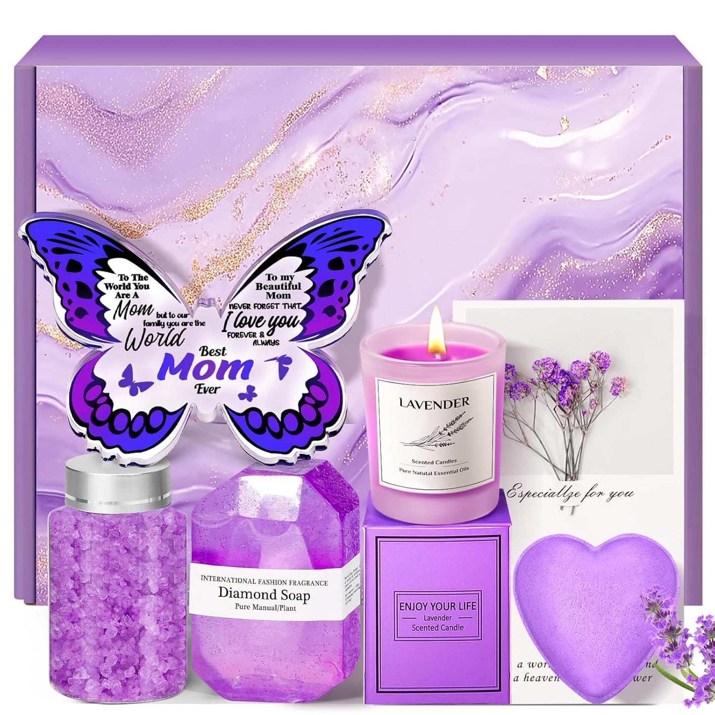 Eletorot Christmas Gifts for Mom from Daughter Son: Relaxing Spa Gift Basket Set with Butterfly Acrylic Keepsake, Unique Birthday Present for Wife Grandma Her Friend Sister, Mothers Day, Thanksgiving