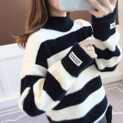 Sweater Women 2024 Fashion Turtleneck Pullover Stripe Thick Coarse Yarn Wool Warm Sweater Women Clothes Vestidos LXJ9005