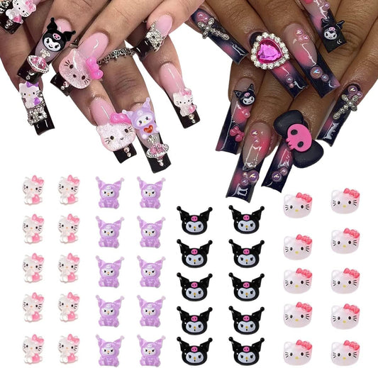 40 PCS Kawaii Nail Charms Kitty Nail Decorations for Nail Art Supplies 3D Flatback Resin Charms for Acrylic Nails Cartoon Kitty Jewels Cute DIY Nail Accessories