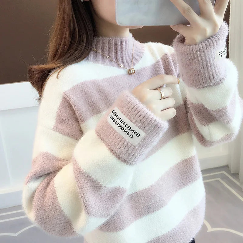 Sweater Women 2024 Fashion Turtleneck Pullover Stripe Thick Coarse Yarn Wool Warm Sweater Women Clothes Vestidos LXJ9005