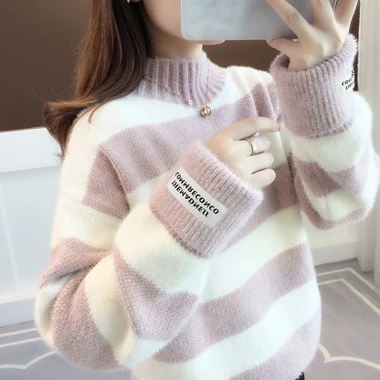 Sweater Women 2024 Fashion Turtleneck Pullover Stripe Thick Coarse Yarn Wool Warm Sweater Women Clothes Vestidos LXJ9005