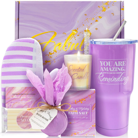 BODY & EARTH Self Care Gifts for Women Get Well Soon Gifts, Purple Birthday Gift Baskets, 8Pcs Lavender Bath and Body Sets with 20Oz Vacuum Insulated Tumbler Mother'S Day Gifts for Mom