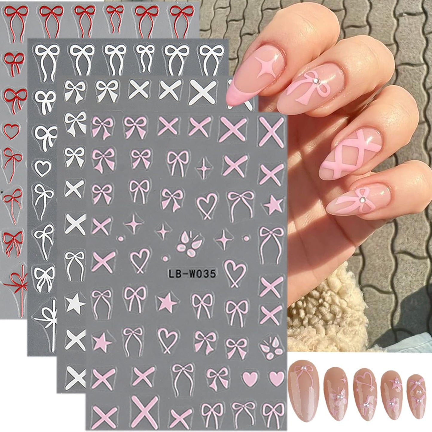 Heart Bows Nail Art Stickers 3D Self-Adhesive Decals 4 Sheets White Red Pink Bow Tie French Nail Art Supplies for Women Girls DIY Acrylic Manicure Decoration