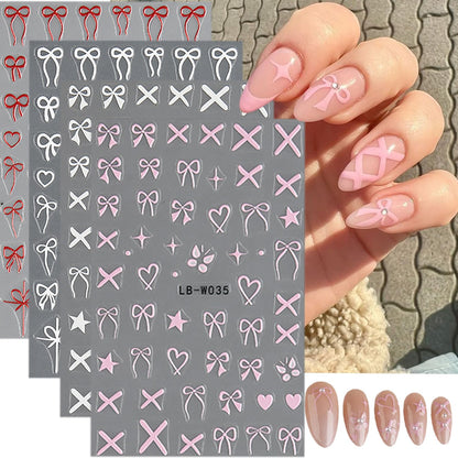 Heart Bows Nail Art Stickers 3D Self-Adhesive Decals 4 Sheets White Red Pink Bow Tie French Nail Art Supplies for Women Girls DIY Acrylic Manicure Decoration