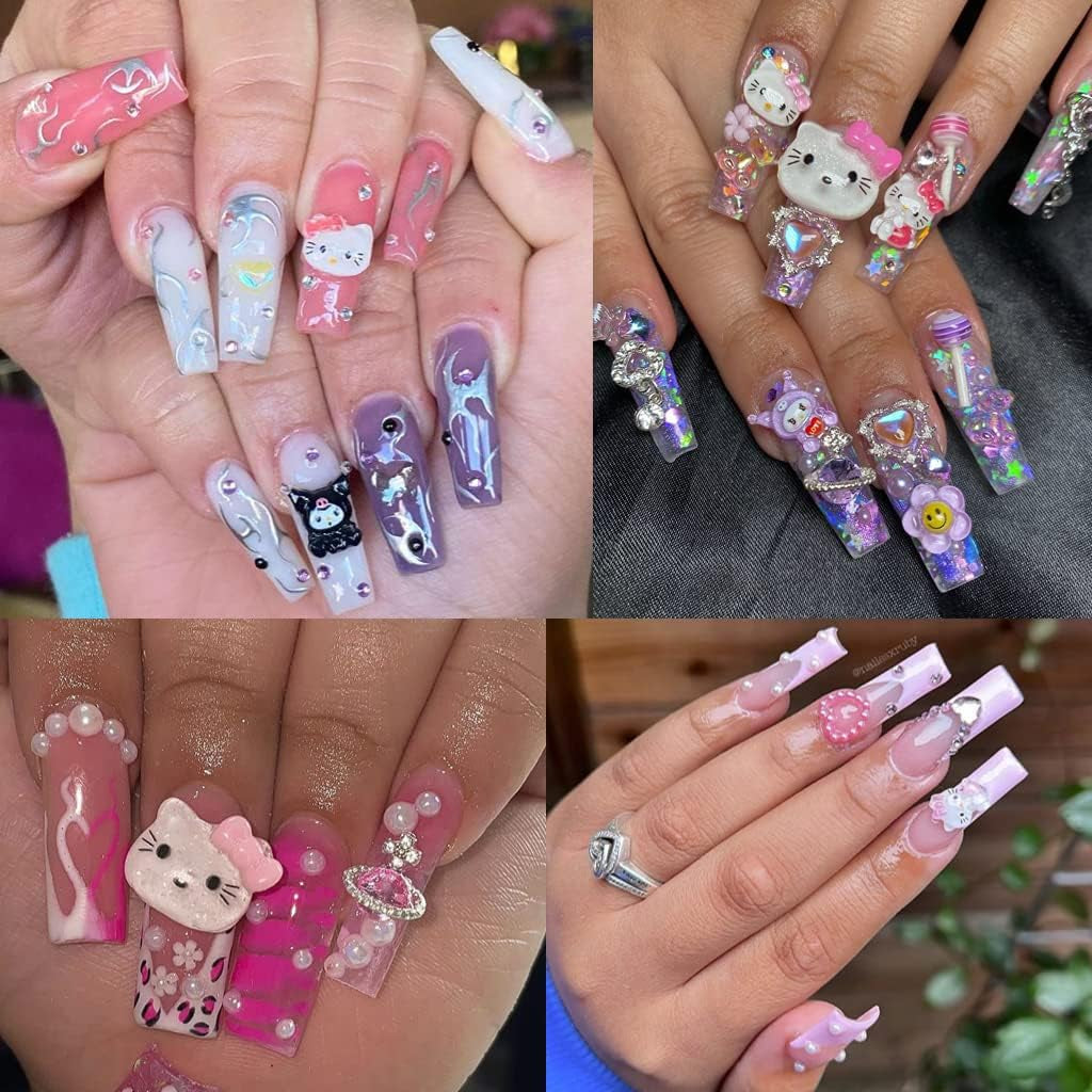 40 PCS Kawaii Nail Charms Kitty Nail Decorations for Nail Art Supplies 3D Flatback Resin Charms for Acrylic Nails Cartoon Kitty Jewels Cute DIY Nail Accessories