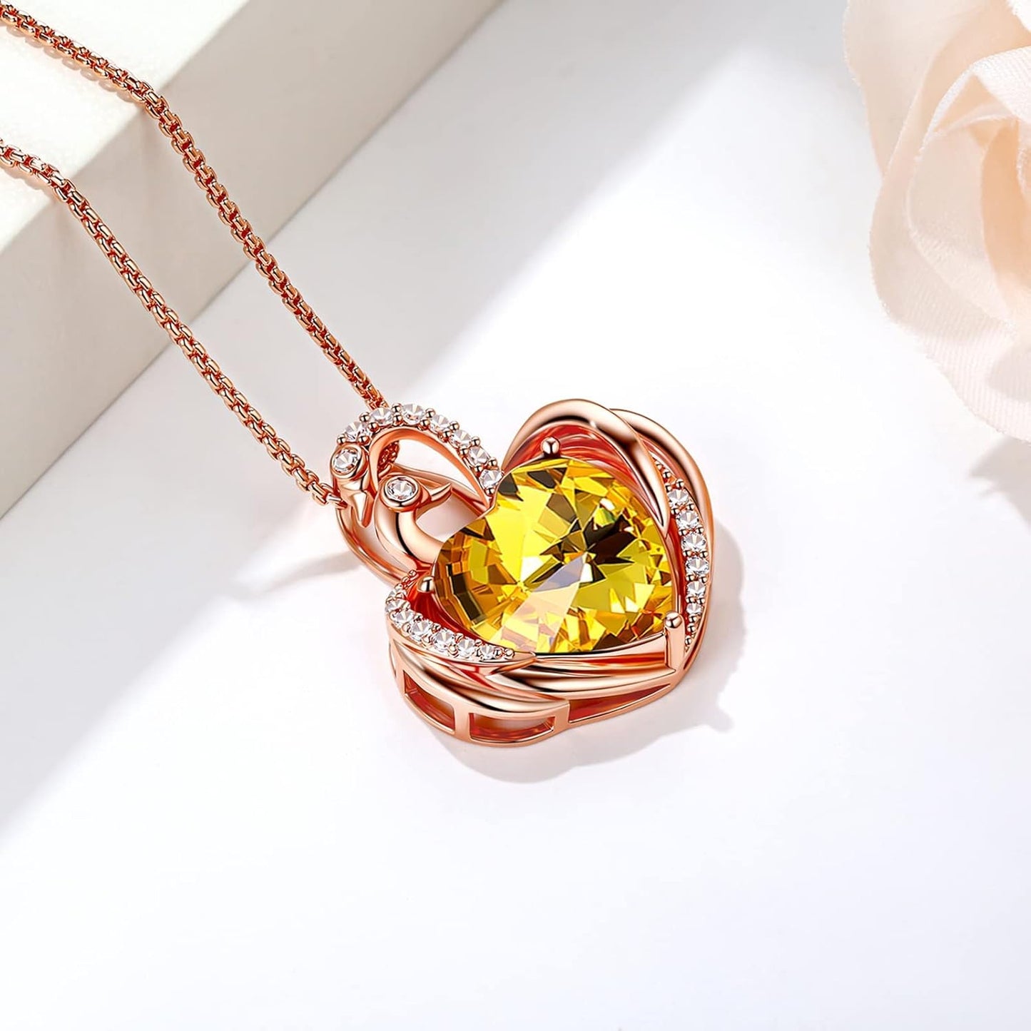 Swan Necklace for Women, Silver/Gold Plated Heart Crystal Birthstone Pendant Necklace, Gift Ideal for Wife Girlfriend Mom